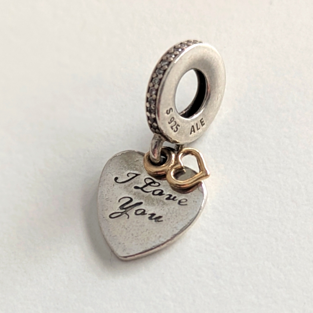 AuthentPandora Silver Heart Dangle Charm With Gold Heart Clear Crystals S925 ALE
